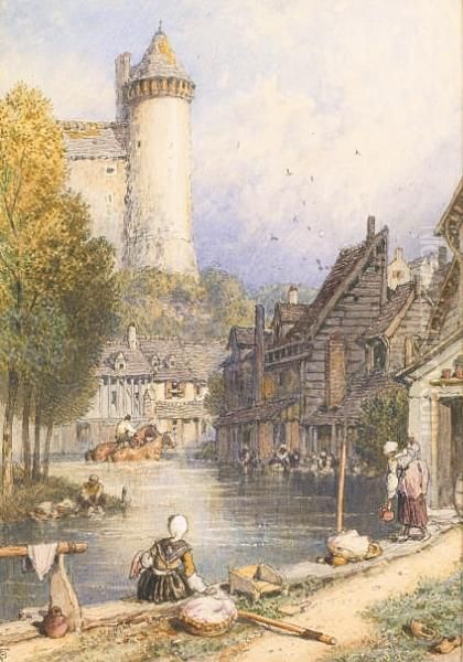 A Continental Town Oil Painting by Myles Birket Foster