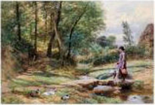 On The Footbridge Oil Painting by Myles Birket Foster