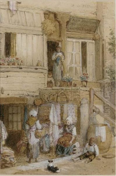 Figures Outside A House, France Oil Painting by Myles Birket Foster