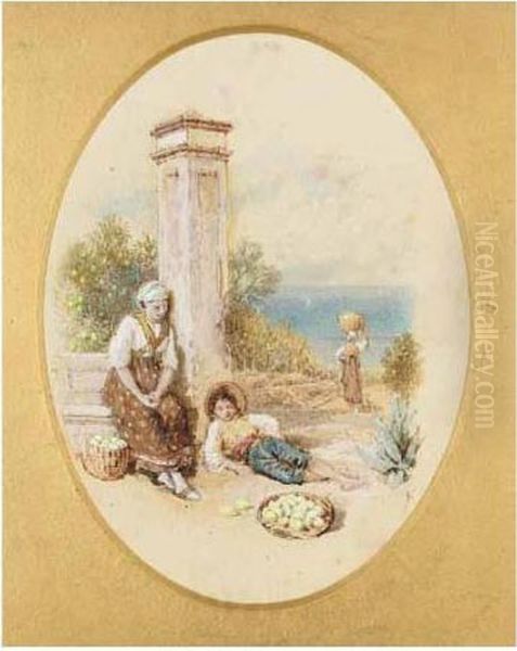 The Lemon Gatherers, Lake Garda, Italy Oil Painting by Myles Birket Foster