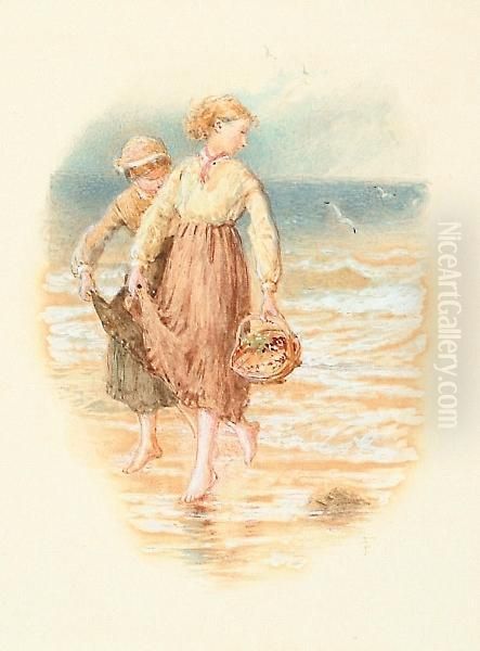 Two Girls Paddling In The Sea Oil Painting by Myles Birket Foster