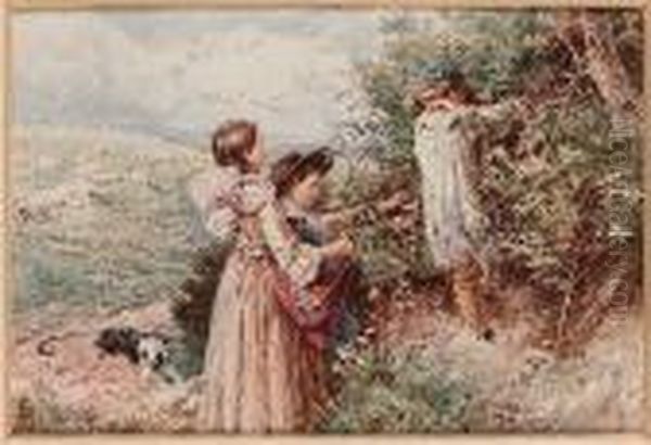 Gathering Berries; The Bird's Nest, A Pair Oil Painting by Myles Birket Foster