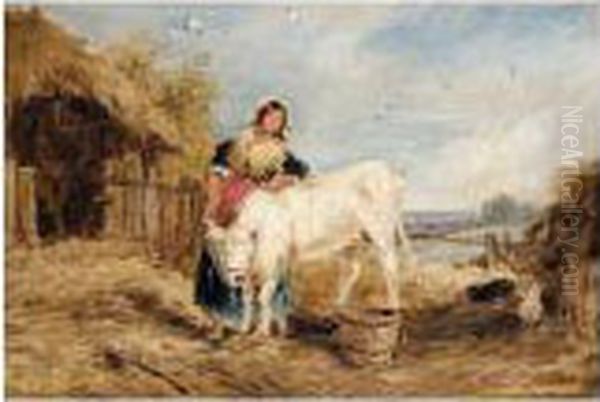 Farm Girl With Calf Oil Painting by Myles Birket Foster