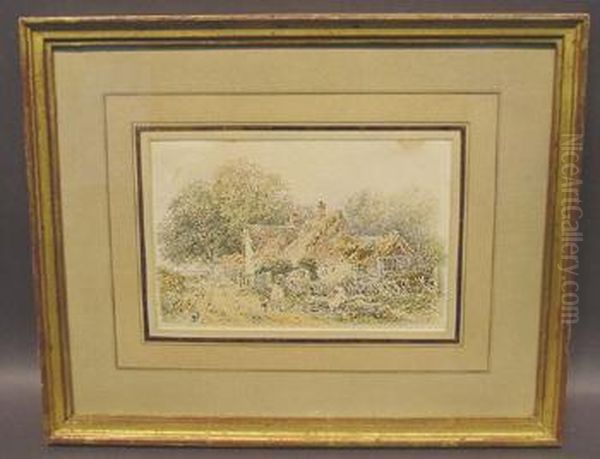 Rural Scene With Thatched Roof Cottage Oil Painting by Myles Birket Foster