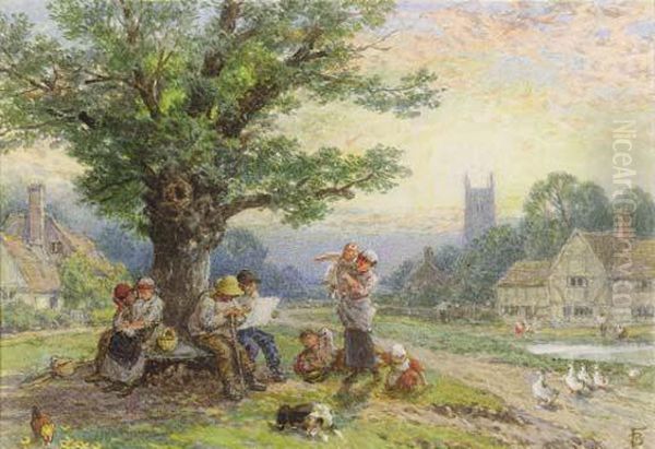 Figures And Children Beneath A Tree In A Village Oil Painting by Myles Birket Foster