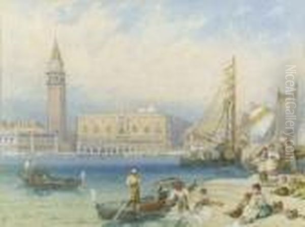 St Mark's And The Ducal Palace 
From San Giorgio; And San Giorgiofrom The Ducal Palace, Venice Oil Painting by Myles Birket Foster