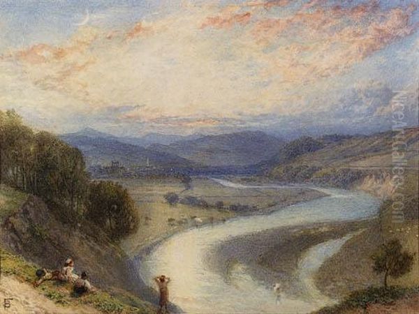 Melrose Abbey From The Banks Of The Tweed Oil Painting by Myles Birket Foster