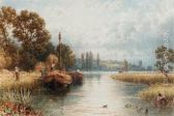 Loading The Hay Barges, With A Young Woman Taking Water From Theriver In The Foreground Oil Painting by Myles Birket Foster