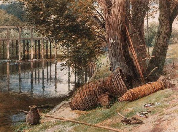 Eel Pots, On The Banks Of A River Oil Painting by Myles Birket Foster