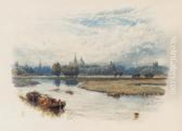 A River Landscape With A Barge In The Foreground, A View Of Oxfordbeyond Oil Painting by Myles Birket Foster