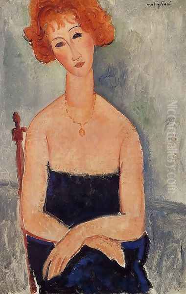 Readhead Wearing a Pendant Oil Painting by Amedeo Modigliani