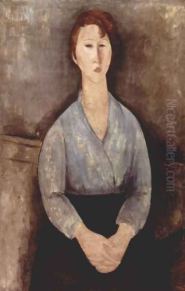 Seated Woman with a blue blouse Oil Painting by Amedeo Modigliani