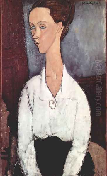 Portrait of Lunia Czechowska with white blouse Oil Painting by Amedeo Modigliani