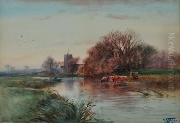 Watering Cows Oil Painting by Henry Charles Fox