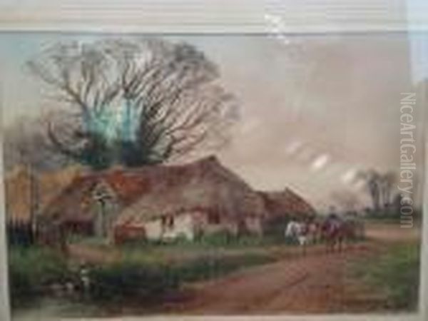 Plough Team Passing A Country Cottage Oil Painting by Henry Charles Fox