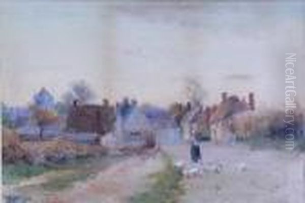 Woman With Geese On A Village Lane Oil Painting by Henry Charles Fox