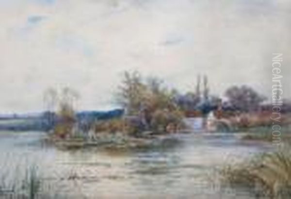 Angler In A Riverlandscape Oil Painting by Henry Charles Fox