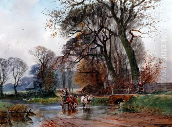 Farmer, Horses And Cart Crossing A Ford Oil Painting by Henry Charles Fox