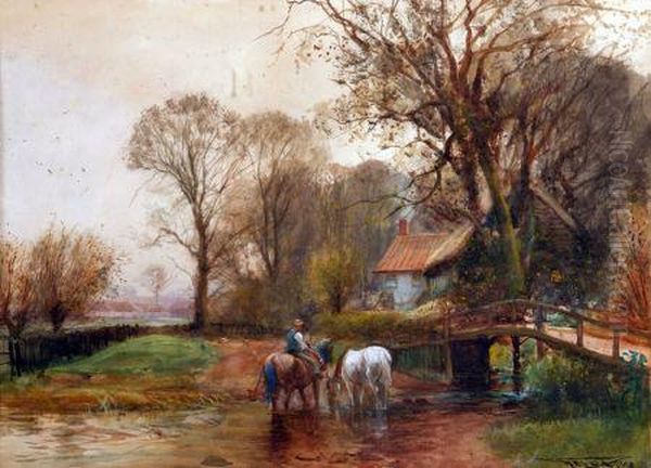 Figure With Horses Watering 
Cottage Beyond Oil Painting by Henry Charles Fox