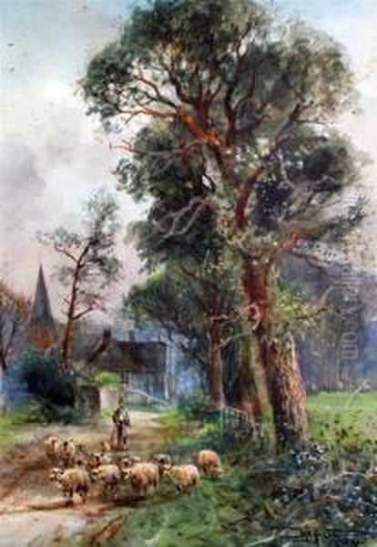 Shepherd And Flock On A Lane Oil Painting by Henry Charles Fox