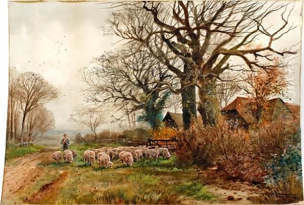 Sheep On A Track By A Farm Oil Painting by Henry Charles Fox