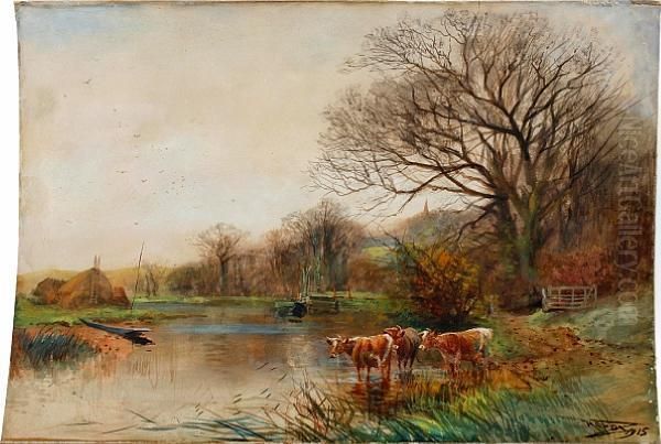 River Landscape With Cattle Watering Oil Painting by Henry Charles Fox