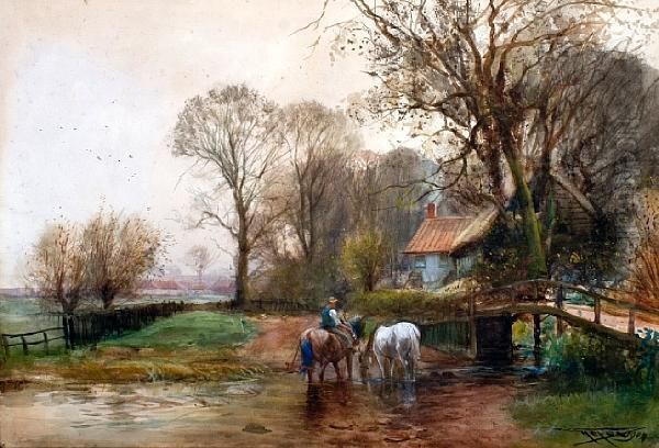 Farm Boy Watering Horses Before A Wealdencottage Oil Painting by Henry Charles Fox