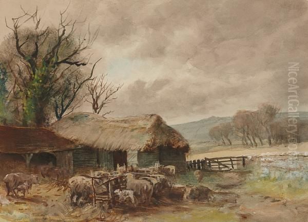 At The Farmyard Oil Painting by Henry Charles Fox