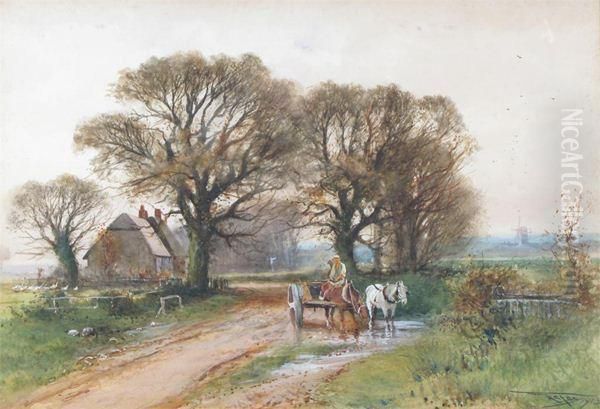 Cattle On A Country Lane; Horse And Cart On A Lane Oil Painting by Henry Charles Fox