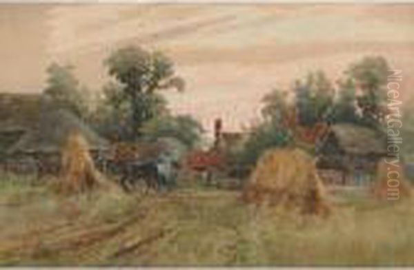 Leading Horses Through The Farmyard Oil Painting by Henry Charles Fox