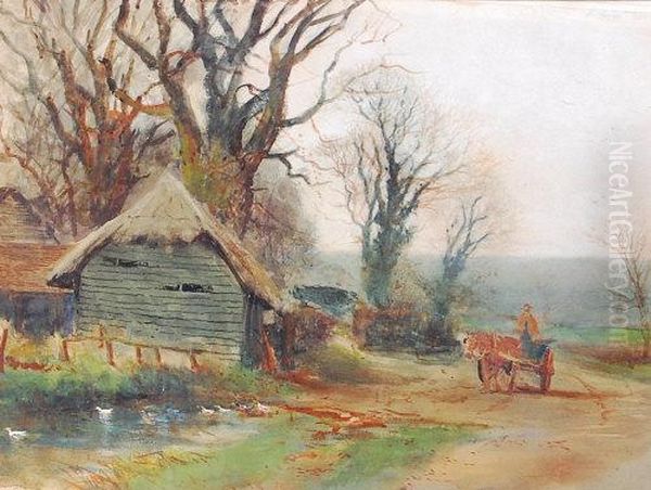 Horse And Cart Approaching A Thatched Barn With Duck Pond Oil Painting by Henry Charles Fox