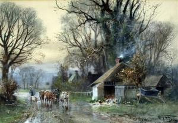 Cattle On A Lane Oil Painting by Henry Charles Fox