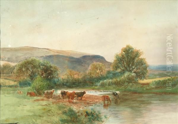 Cattle Watering In A Landscape Oil Painting by Henry Charles Fox