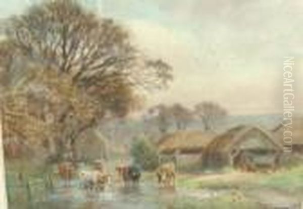 Cattle Beside Farm Buildings Oil Painting by Henry Charles Fox