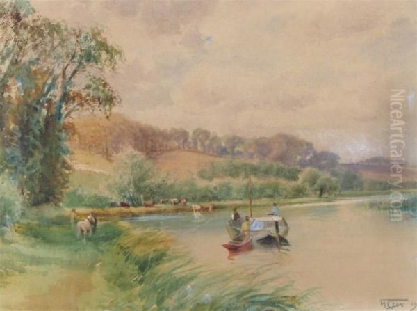 Boats On A River With Cattle Watering In The Shallows Oil Painting by Henry Charles Fox