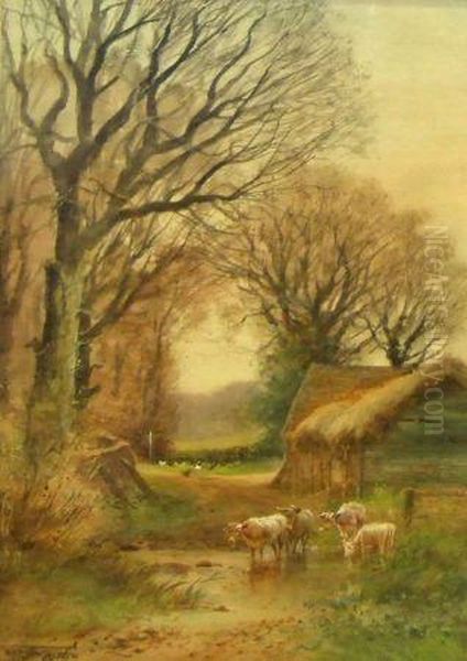 Cattle Watering By A Barn Oil Painting by Henry Charles Fox