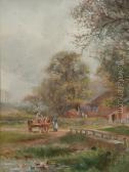 Figures With A Cart And Horse By A Stream With A Bridge by Henry Charles Fox