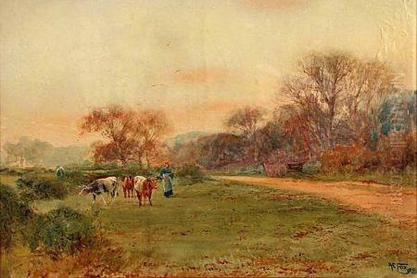 A Lady With Cattle In Country Landscape Oil Painting by Henry Charles Fox