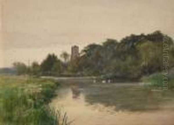 River Scene With Church To Distance Oil Painting by Henry Charles Fox