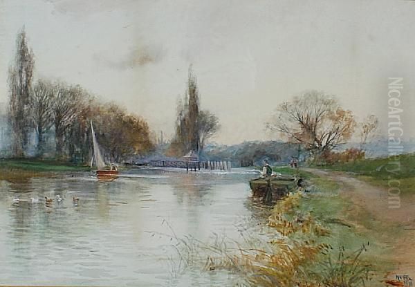 River Landscape With Figures And Boats Oil Painting by Henry Charles Fox