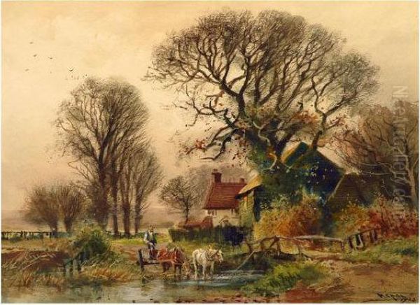 Figure, Two Horses And Cart Fording A Stream Oil Painting by Henry Charles Fox