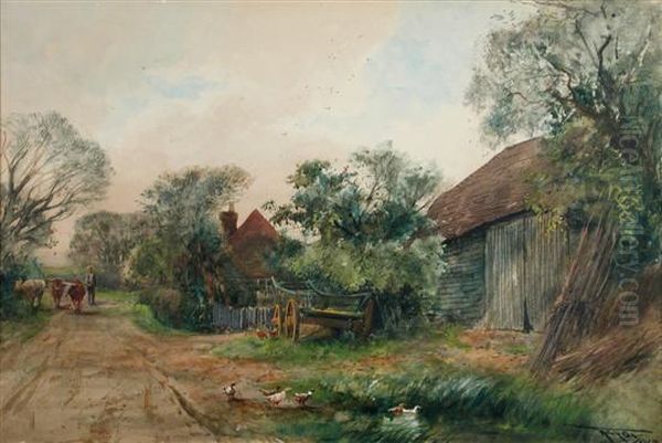 An Old Berkshire Farm Oil Painting by Henry Charles Fox