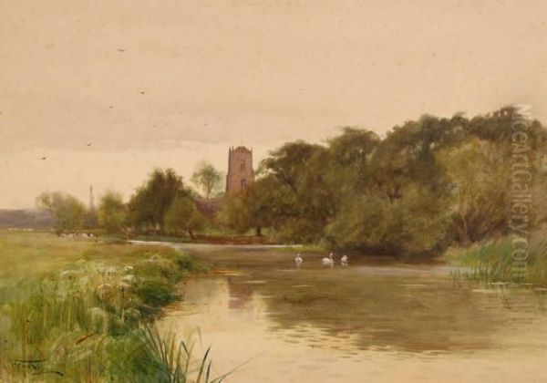 Rural River At Sunset Oil Painting by Henry Charles Fox