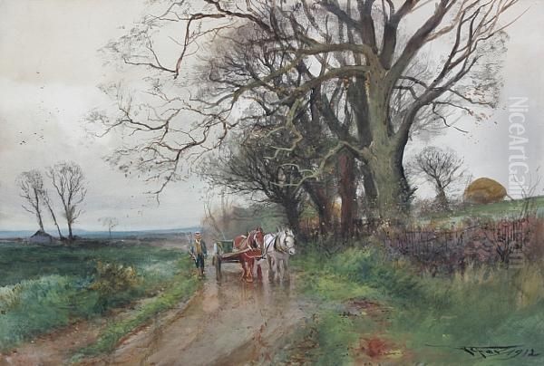 Drover And Cart On A Country Lane Oil Painting by Henry Charles Fox