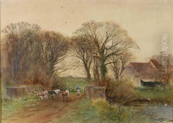 Lane Scene At Ford, Sussex With A Girl And Cattle Crossing A Bridge Oil Painting by Henry Charles Fox