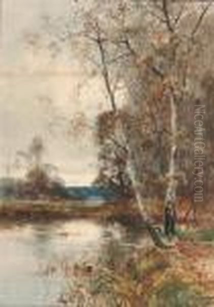 River Landscape With Silver Birch Trees Oil Painting by Henry Charles Fox