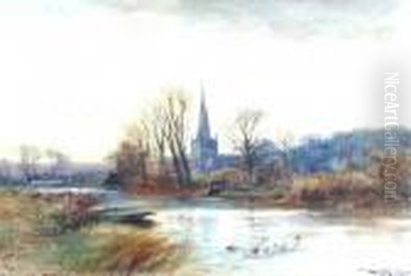 River Landscape With Steepled Church Oil Painting by Henry Charles Fox