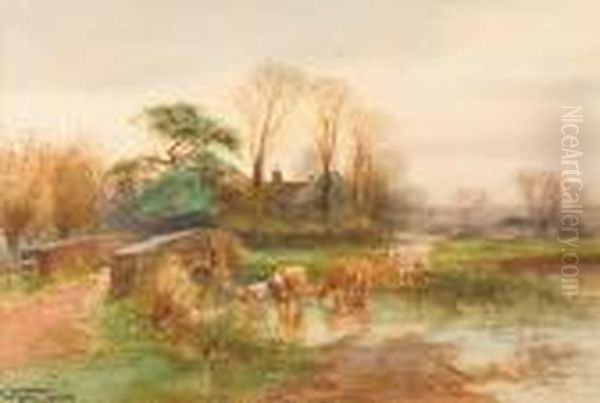 Cattle Watering By A Bridge Oil Painting by Henry Charles Fox