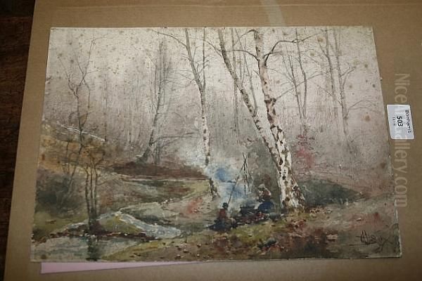 Figures Cooking Before An Open Fire In A Woodland Glade Oil Painting by Henry Charles Fox