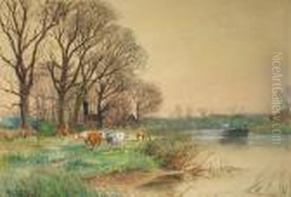 A Pastoral Landscape With A 
Farmer And His Cattle On A Lane; A River Landscape With Figures In A 
Boat And Cattle Grazing In The Foreground (2) Oil Painting by Henry Charles Fox